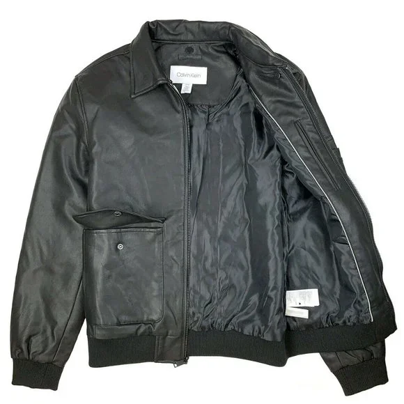 Calvin Klein Men's Faux Leather Black Jacket with Detachable Collar